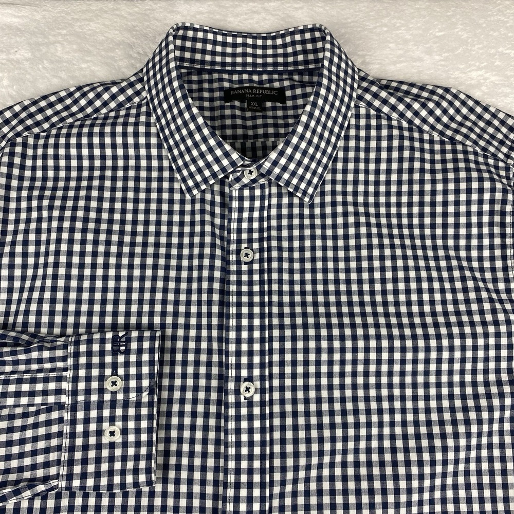 Banana Republic Shirt Mens XXL Blue/White Checks Slim Fit Stretch